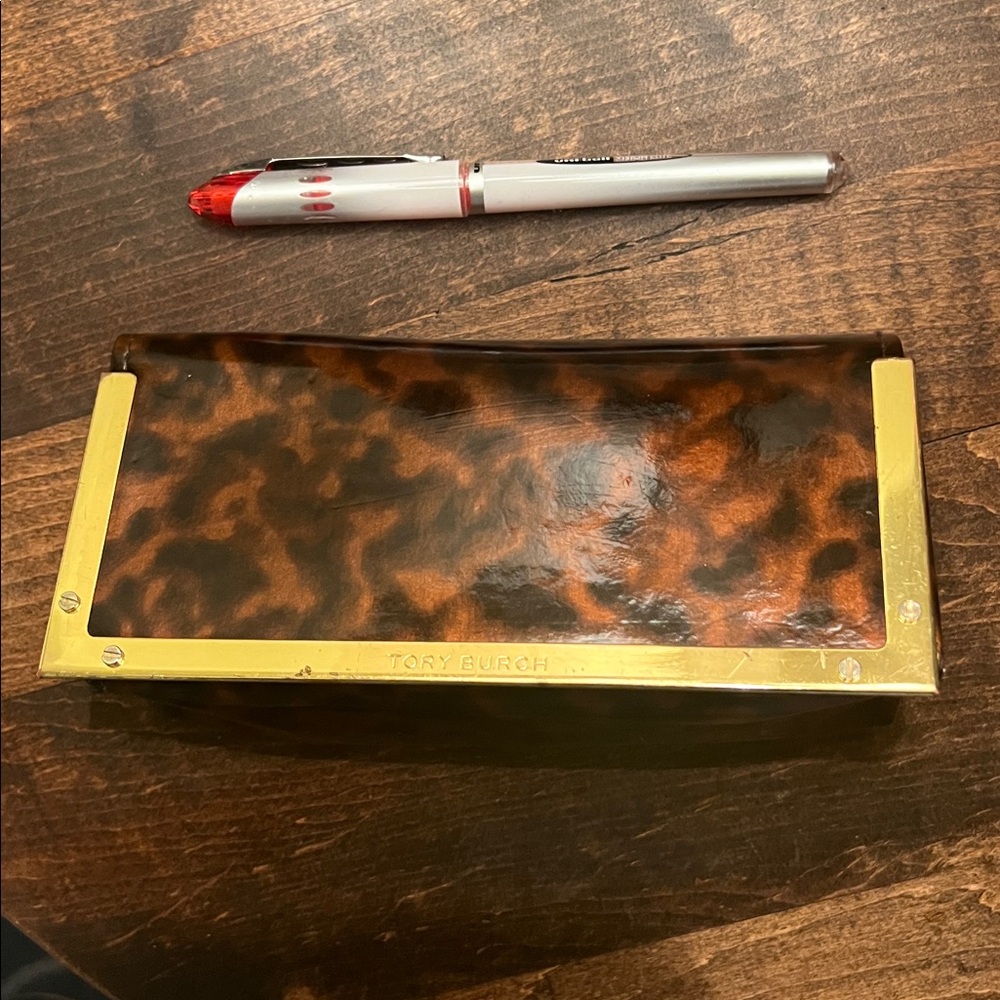 Tory Burch Brown Tortoise Eyeglass Case with Gold Trim